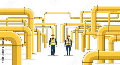 Two workers in hard hats walk through a dense maze of yellow pipelines on a white background.