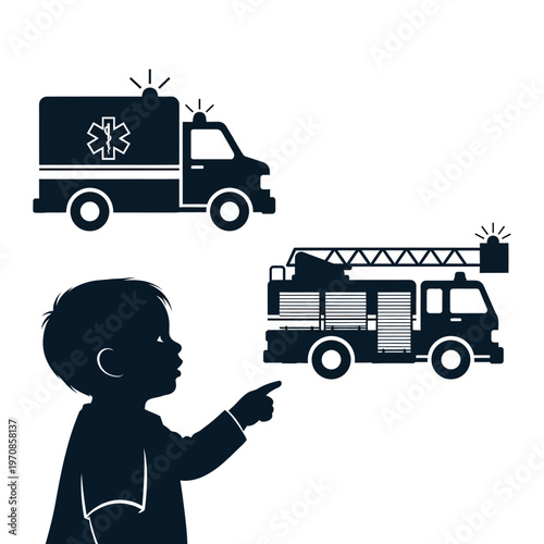 Boy pointing at fire trucks and ambulance.