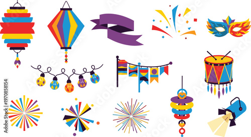 Festival Celebration Elements Set with Lantern Flags Drum Masks Fireworks Vector