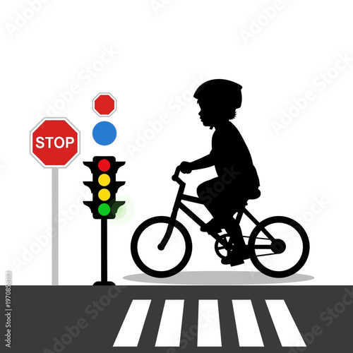 Boy Riding Bicycle Across Street Intersection.