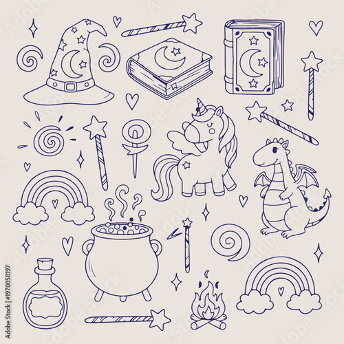Magic fantasy doodle set, mystical wizard icons vector, unicorn dinosaur rainbow sketches, alchemy potion book symbols, enchanted forest magic art, whimsical fairytale dream doodles, spellbook wand ma