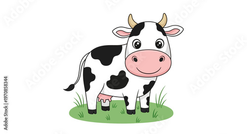 Cartoon cow with black spots standing.