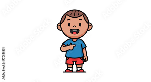 Cartoon boy pointing to himself smiling.