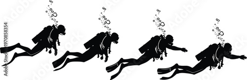 Scuba diver silhouettes swimming underwater with bubbles and gear, showcasing deep sea exploration, marine adventure, diving activity and ocean wildlife environment