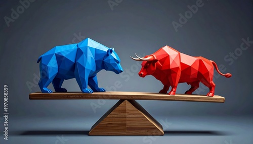 A seesaw with a blue bear and red bull facing each other