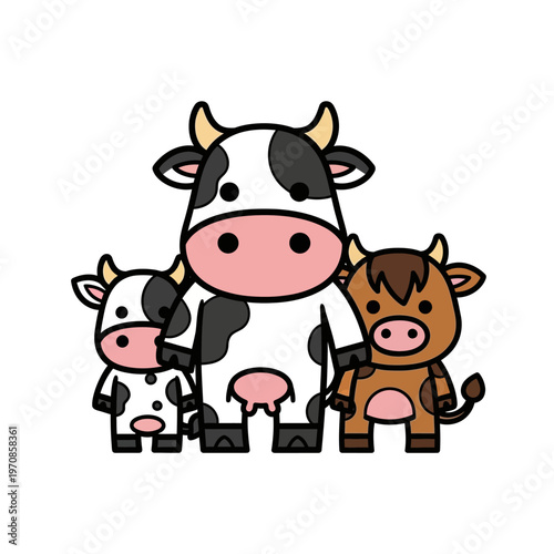 Cartoon cows standing together happily.