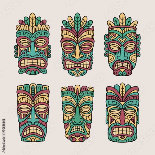 Tiki mask tribal art, hawaiian totem pole icons, wooden polynesian mask set, tropical island ritual masks, ethnic tribal culture symbols, exotic tiki bar design, colorful wooden totem vector.

