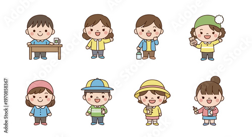 Cartoon children in various outfits standing.
