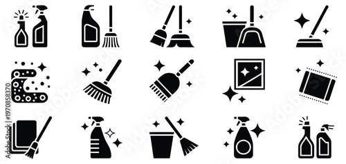 cleaning icon set, vector icons for sanitation and cleaning supplies including spray bottle, bubbles, detergent, wiping hand, soap bar, sparkling leaf and clean tag, modern flat design collection.