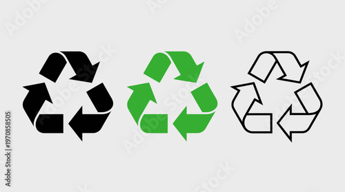 Three recycling icons in black, green, and outlined style, symbolizing sustainability, eco-awareness, waste reduction, environmental responsibility, circular economy, clean design, universal green me