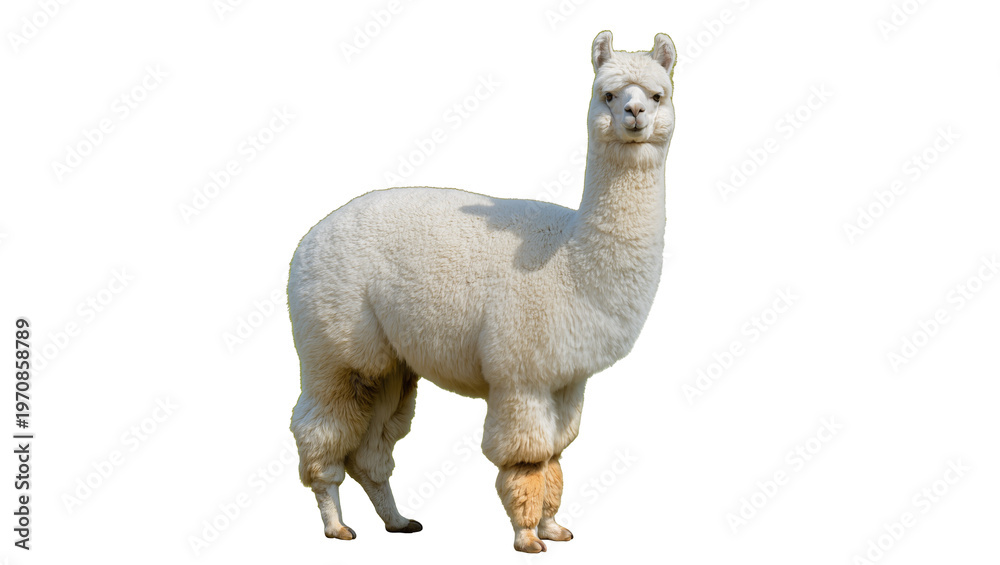 Fototapeta premium Fluffy cream-colored llama standing, displaying woolly fur and gentle expression