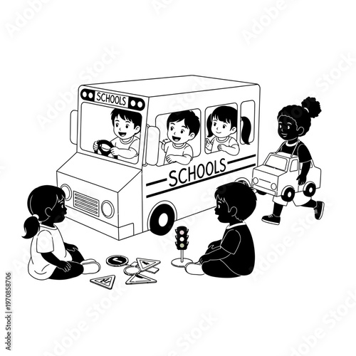 Children playing outside school bus.