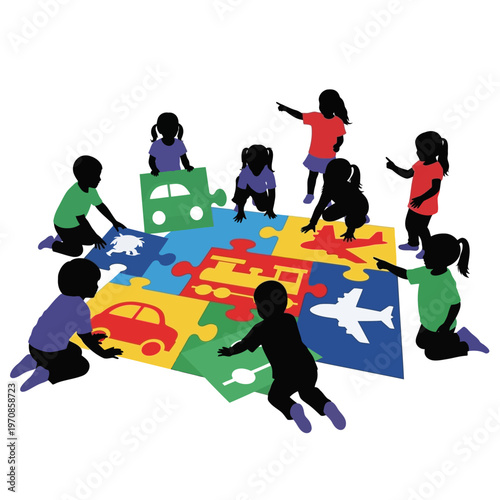 Children playing with puzzle pieces together.