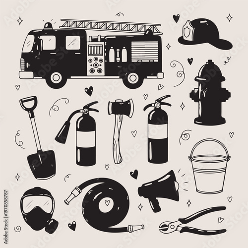 Fire truck engine, firefighter equipment set, fire station tools, emergency rescue icons, hydrant and extinguisher, fire safety design, rescue vehicle illustration.

