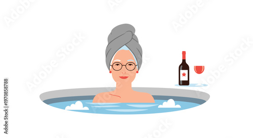 An elderly woman with a grey towel on her head relaxes in a hot tub with a bottle of wine and a glass.