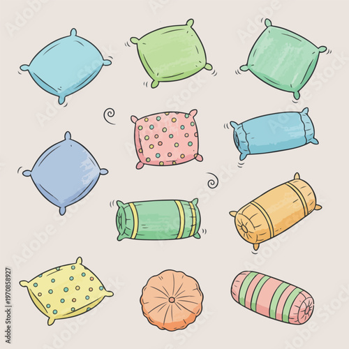 Soft pillows set, cushion bedroom decor, bedding comfort icons, sleep and relaxation, home textile design, cozy room furniture, decorative pillows vector.

