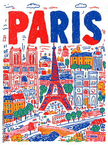 Paris City Illustration With Eiffel Tower, Notre-Dame and Charming River Seine Landmarks