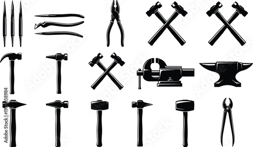 Set of blacksmith and construction tools silhouettes, hammers pliers anvil and equipment icons, industrial workshop vector collection isolated on white background design