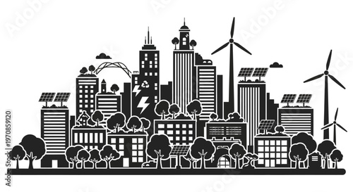 Cityscape with wind turbines and buildings.