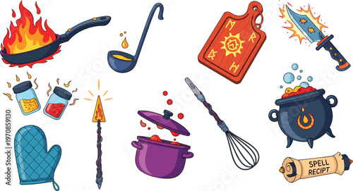 Magic Cooking Tools Set with Cauldron Spell Book Potion Fire Knife Whisk Vector