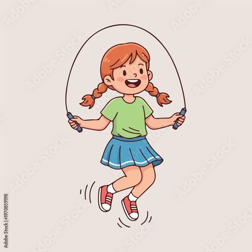 Girl skipping rope, jumping rope activity, active kid lifestyle, children fitness illustration, outdoor play exercise, healthy childhood vector, girl jumping exercise.

