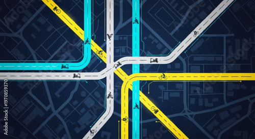 Futuristic digital city grid with autonomous vehicles navigating through glowing neon streets and abstract buildings.