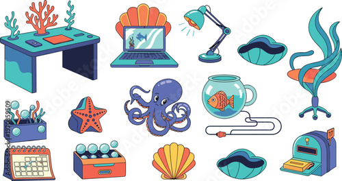 Marine Themed Objects Set with Octopus Coral Shell Laptop Aquarium Vector