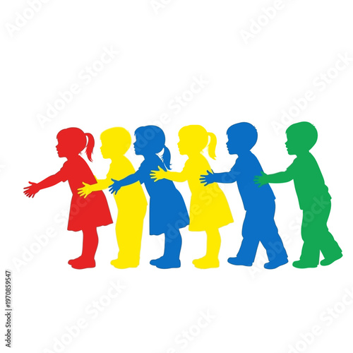 Diverse children holding hands together.