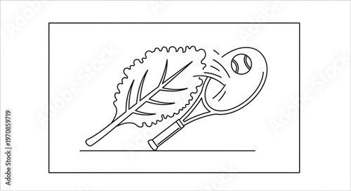 Tennis racket hitting lettuce leaf and ball, healthy lifestyle concept
