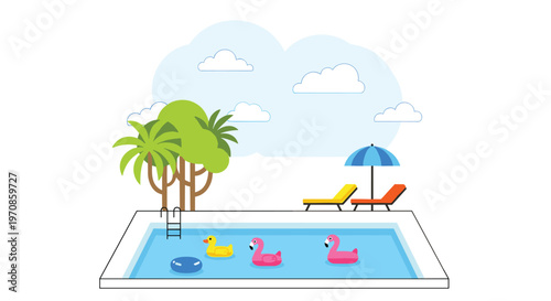 A colorful cartoon illustration shows an outdoor swimming pool with inflatable toys, lounge chairs, and palm trees under a cloudy sky.