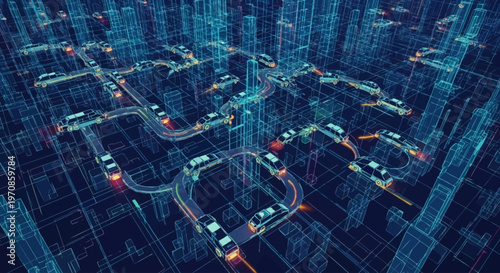 Futuristic digital city grid with autonomous vehicles navigating through glowing neon streets and abstract buildings.