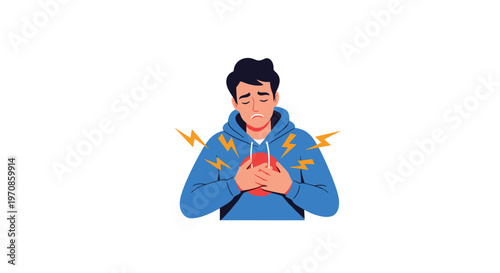 A distressed young man in a blue hoodie is clutching his chest with both hands, indicating severe pain, against a white background.