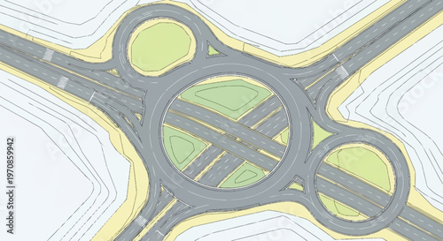 Top-down view of a complex multi-lane roundabout interchange with entry and exit ramps, illustrating modern transportation infrastructure design.