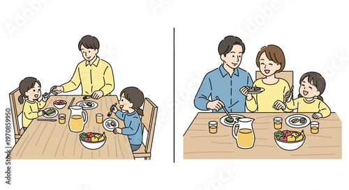 Family eating breakfast together at table.