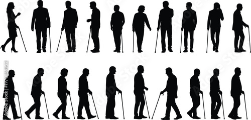 Set of elderly people silhouettes walking with cane, senior men and women mobility concept, aging population vector collection isolated on white background