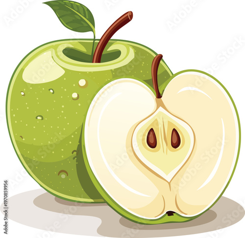 A vibrant green apple is shown halved revealing its pale flesh and small seeds high quality professional detailed modern elegant stylish
