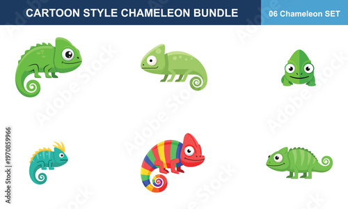 Cartoon style chameleon bundle with colorful and green chameleons