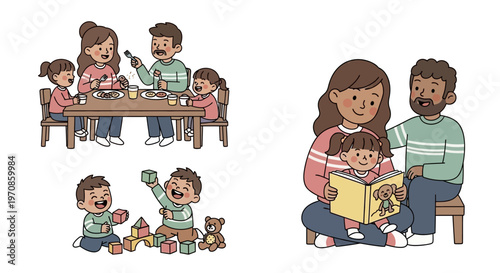 Family with children reading together.