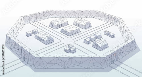 A wireframe illustration of a hexagonal military base with tents and fortifications, rendered in a low-poly style.