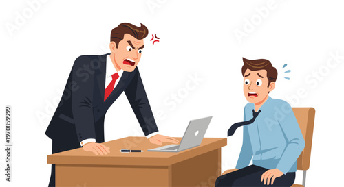 An angry male boss in a suit is yelling at a scared male employee seated at a desk with a laptop against a white background.