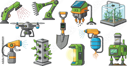 Smart Farming Technology Set with Drone Hydroponics Robot Sprayer Tools Vector