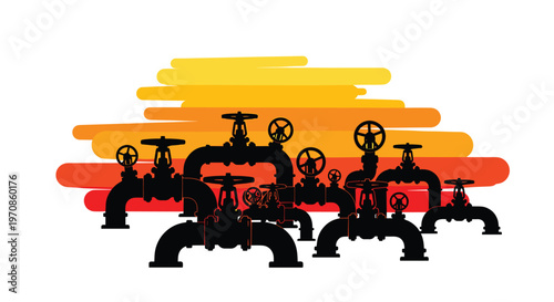 A silhouette of industrial pipes and valves is depicted against a striped orange and yellow sunset-like background.