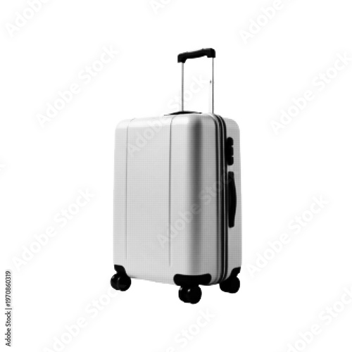 Black and white halftone illustration of travel suitcase with wheels and handle, minimal luggage icon isolated on clean background.