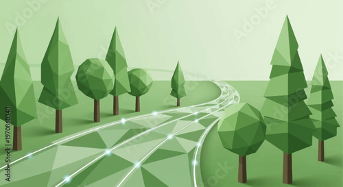 Abstract low-poly forest road with glowing digital network connections and geometric trees.
