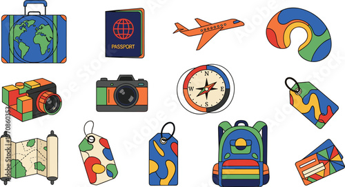Travel Icons Set with Passport Airplane Camera Backpack Compass Luggage Vector