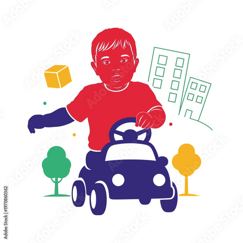 Little boy playing with toy car.