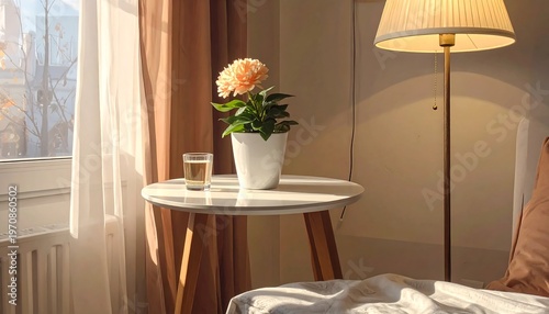 A serene bedroom corner with a small table, lamp, and flower