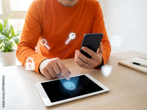 Businessman using tablet for biometric fingerprint security scanning