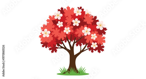 Stylized Red Maple Tree with White Blossoms Illustration