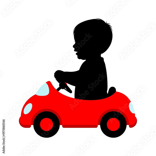 Silhouette of child in red car.